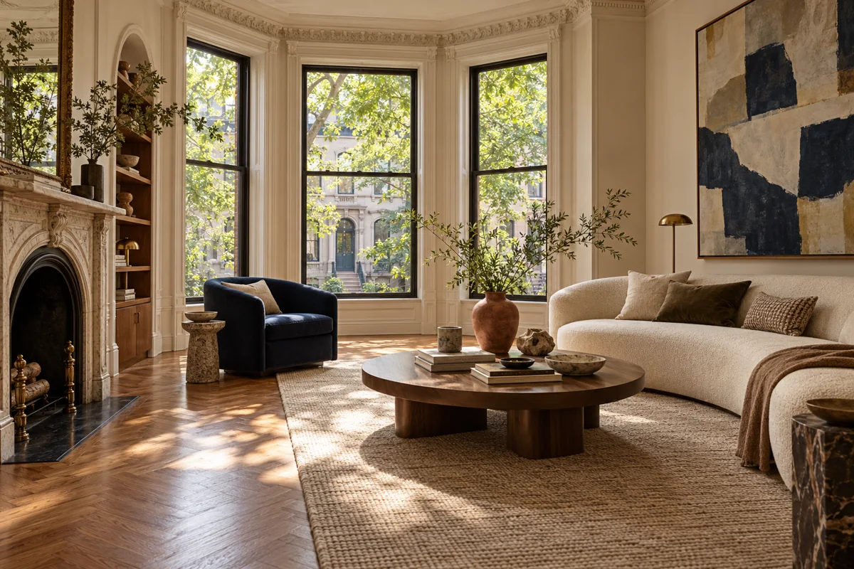 Illustrative Chicago-inspired living room with sunlit bay windows